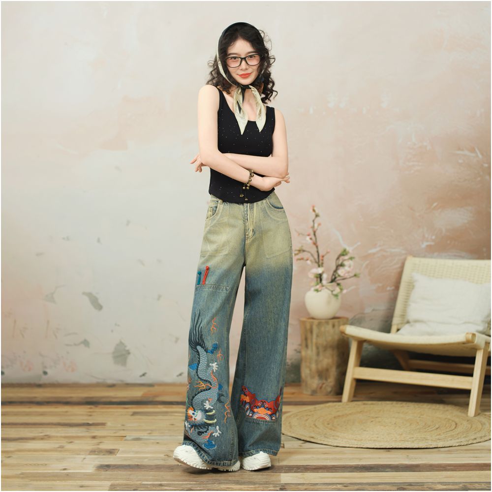 Su Luo Original Dragon Scale Sun Autumn New Loose Straight Chinese Style Dragon Embroidered Denim Pants Women image 1