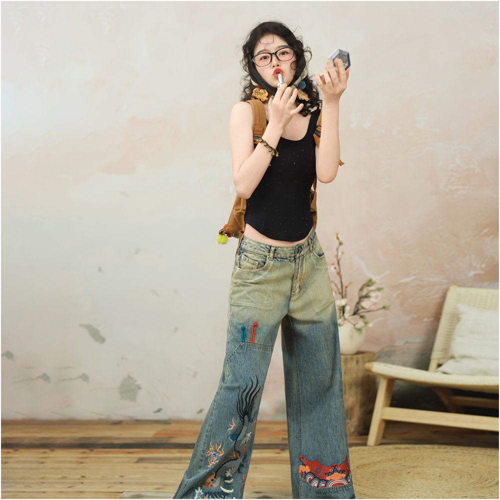 Su Luo Original Dragon Scale Sun Autumn New Loose Straight Chinese Style Dragon Embroidered Denim Pants Women image 4