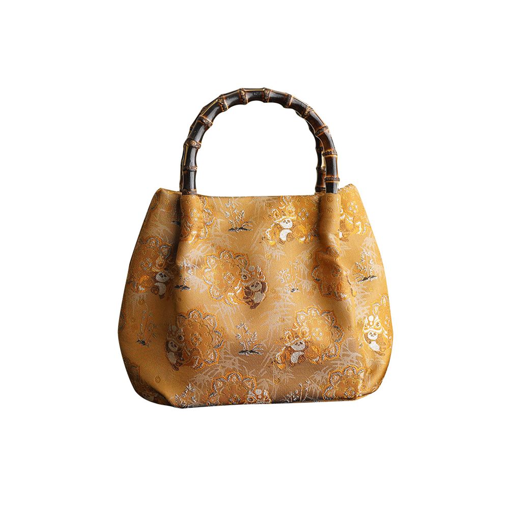 Panda lion dance heavyweight Song Jin intangible cultural heritage real silk and bamboo festival bag handbag Chinese style gold niche one shoulder handbag image 5