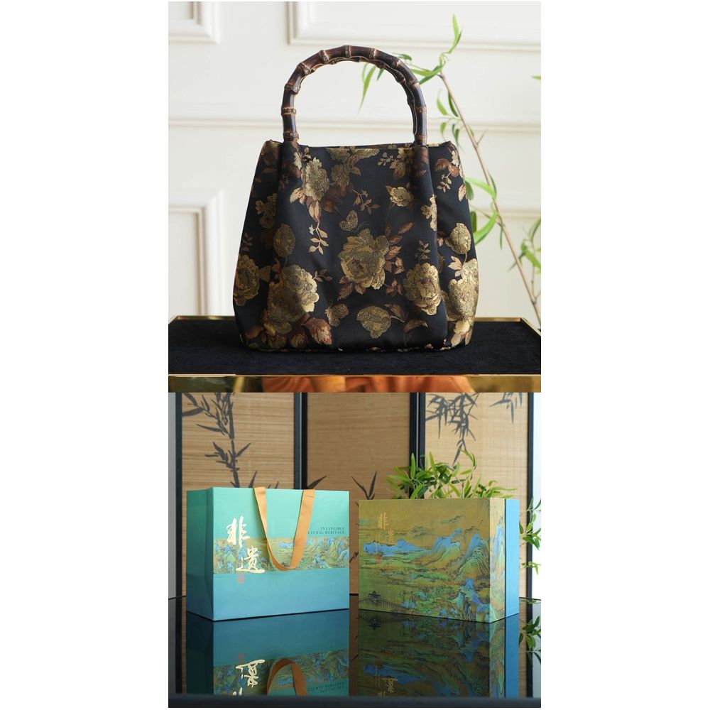 Panda lion dance heavyweight Song Jin intangible cultural heritage real silk and bamboo festival bag handbag Chinese style gold niche one shoulder handbag image 13