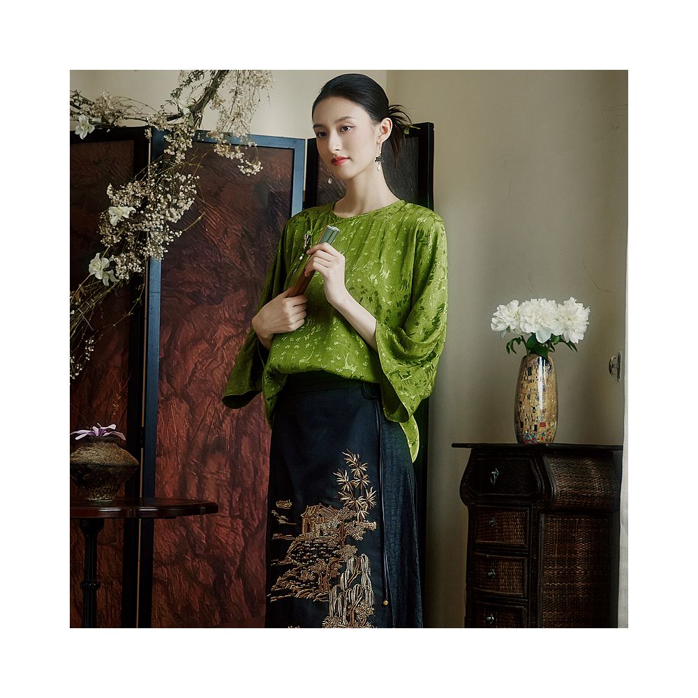 Moyu Green Grass Chinese Style Jacquard Satin Round Neck Retro Tea Dress Shirt Summer New Chinese Tang Dress Top image 2