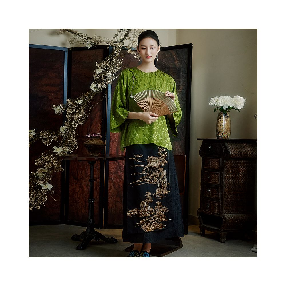 Moyu Green Grass Chinese Style Jacquard Satin Round Neck Retro Tea Dress Shirt Summer New Chinese Tang Dress Top image 3