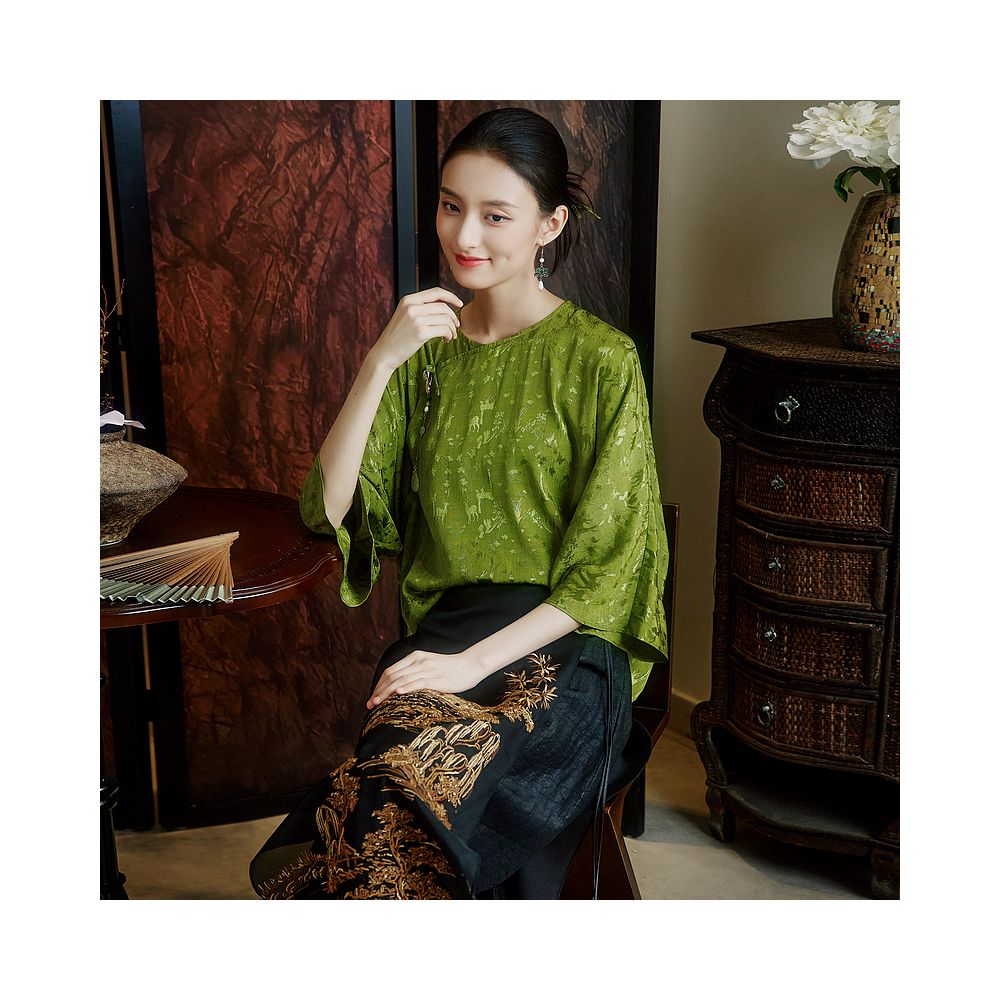 Moyu Green Grass Chinese Style Jacquard Satin Round Neck Retro Tea Dress Shirt Summer New Chinese Tang Dress Top image 4