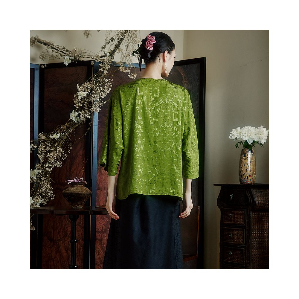 Moyu Green Grass Chinese Style Jacquard Satin Round Neck Retro Tea Dress Shirt Summer New Chinese Tang Dress Top image 5