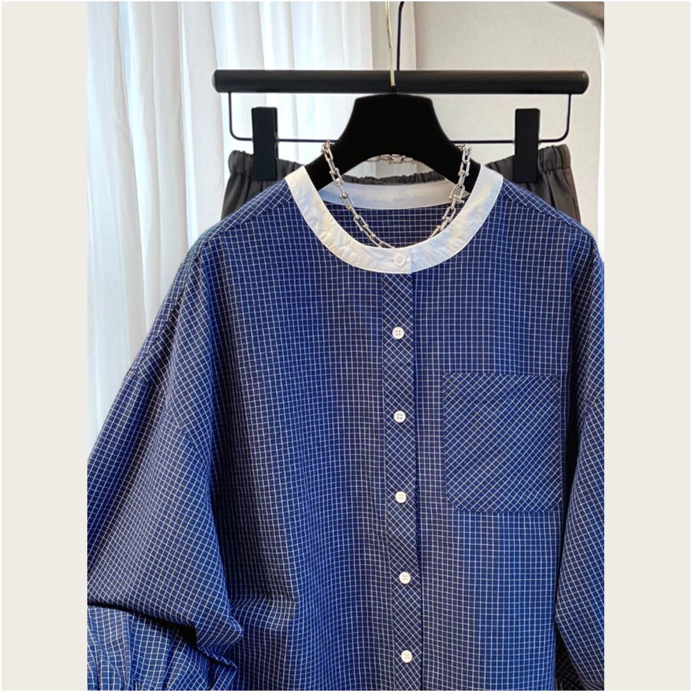 Great looking artistic small plaid shirt for women in early autumn round neck lantern sleeves loose and slimming style versatile new top image 2