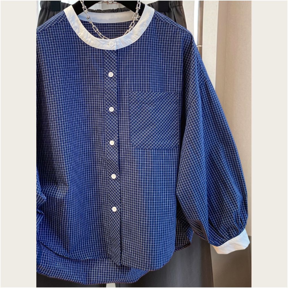 Great looking artistic small plaid shirt for women in early autumn round neck lantern sleeves loose and slimming style versatile new top image 3