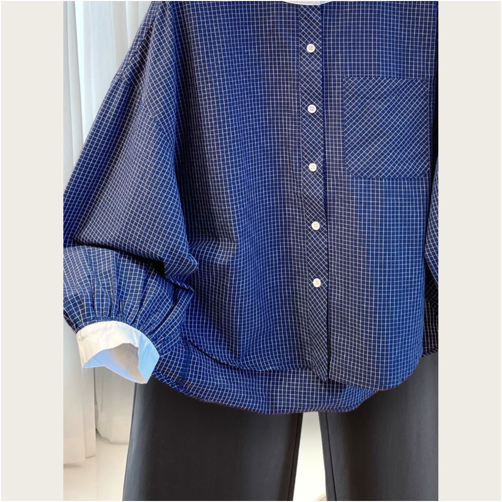Great looking artistic small plaid shirt for women in early autumn round neck lantern sleeves loose and slimming style versatile new top image 4