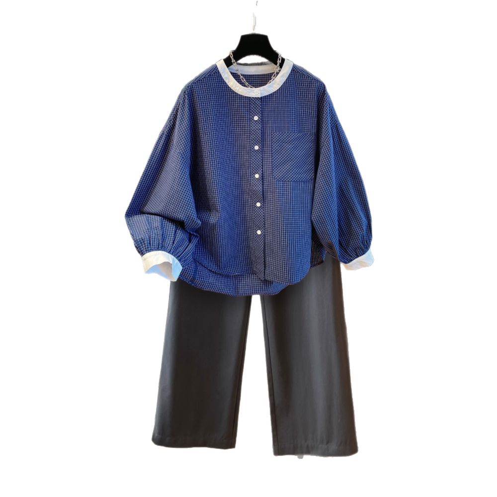 Great looking artistic small plaid shirt for women in early autumn round neck lantern sleeves loose and slimming style versatile new top image 5