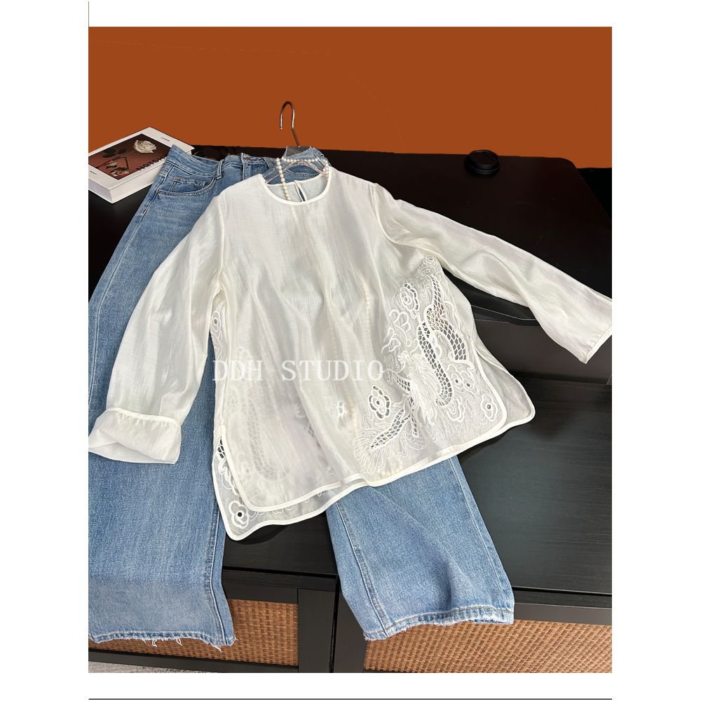 New Chinese style dragon pattern hollow design shirt skin friendly Tencel 2025 spring and summer new loose top image 2