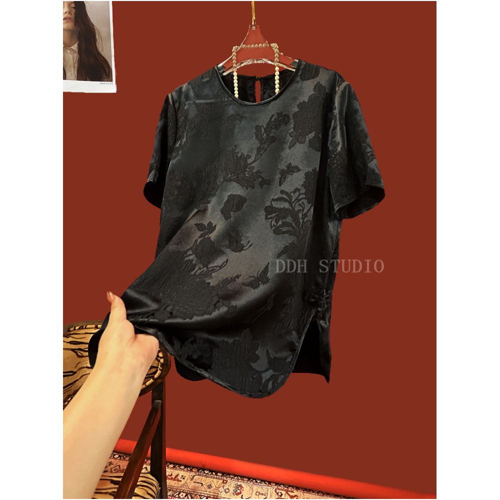 New Chinese style retro silk crown crepe short sleeve round neck age reducing shirt women s summer design slit image 20