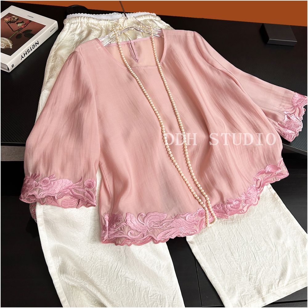 New Chinese style Jade Rabbit Koi Carp Loose Five Sleeve Retro Sunscreen Tencel Shirt Top for Spring Summer 2025 image 2