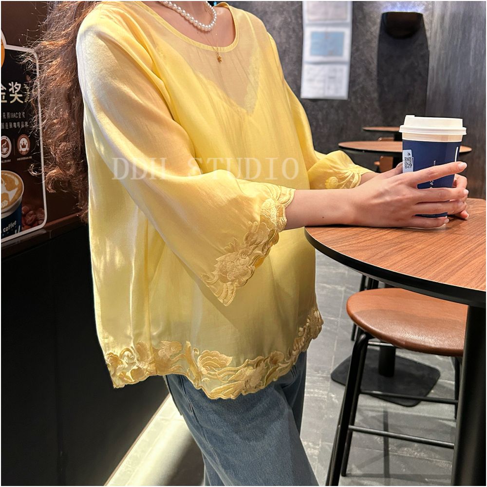New Chinese style Jade Rabbit Koi Carp Loose Five Sleeve Retro Sunscreen Tencel Shirt Top for Spring Summer 2025 image 3