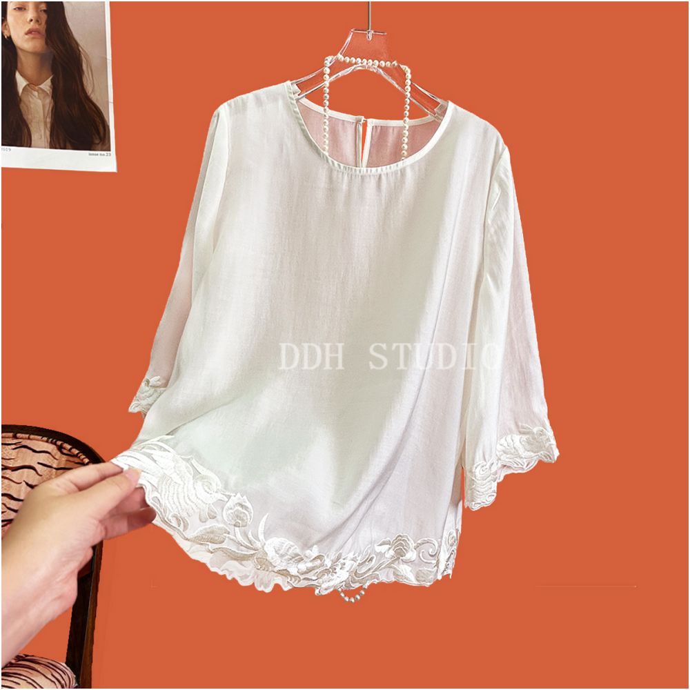 New Chinese style Jade Rabbit Koi Carp Loose Five Sleeve Retro Sunscreen Tencel Shirt Top for Spring Summer 2025 image 5