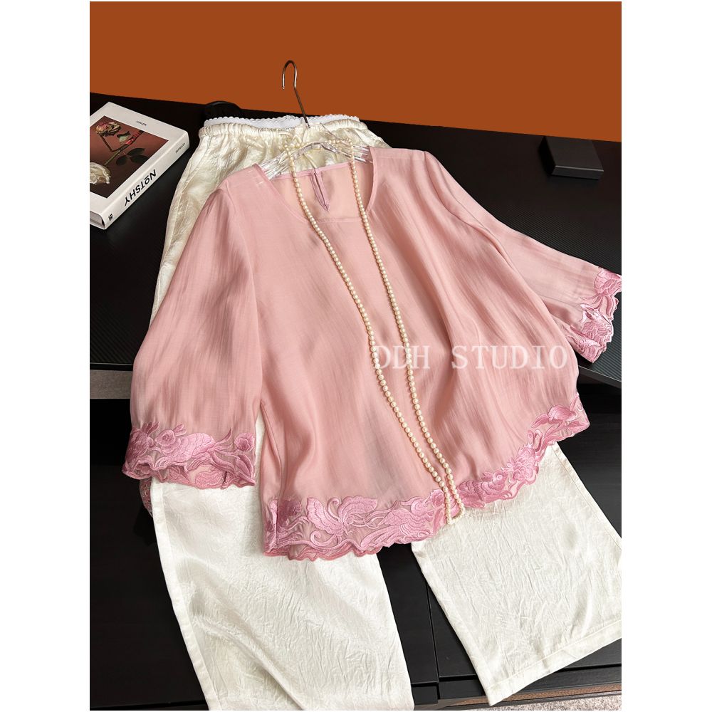 New Chinese style Jade Rabbit Koi Carp Loose Five Sleeve Retro Sunscreen Tencel Shirt Top for Spring Summer 2025 image 7