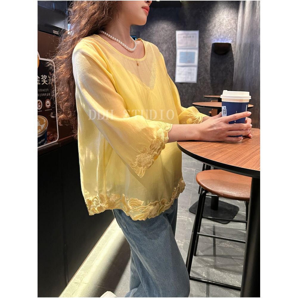 New Chinese style Jade Rabbit Koi Carp Loose Five Sleeve Retro Sunscreen Tencel Shirt Top for Spring Summer 2025 image 19