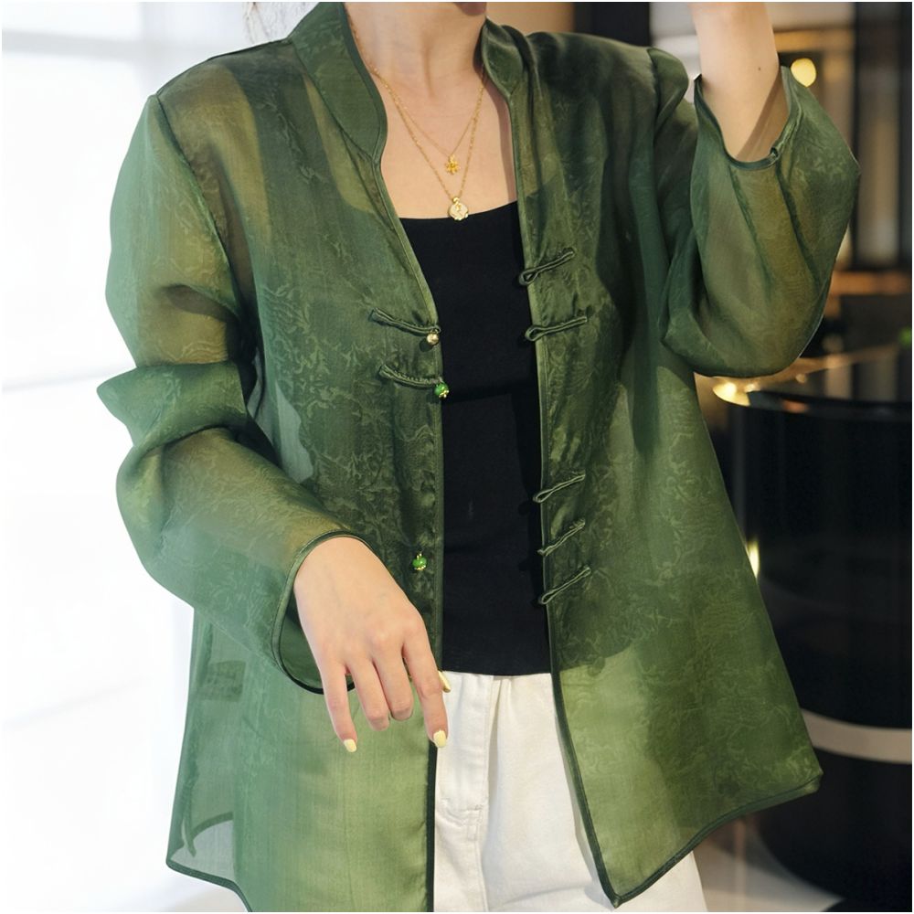 New Chinese style retro silk organza heavy industry nail bead sunscreen short jacket 2025 summer women s new style image 3