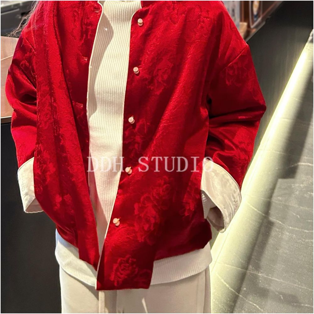 New Chinese style whitening acetic acid New Year red jacquard cotton coat light luxury retro winter cotton coat women s top image 2