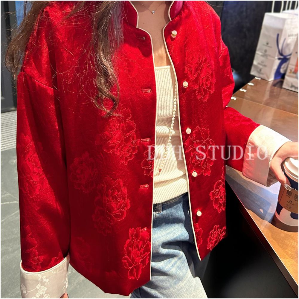New Chinese style whitening acetic acid New Year red jacquard cotton coat light luxury retro winter cotton coat women s top image 3