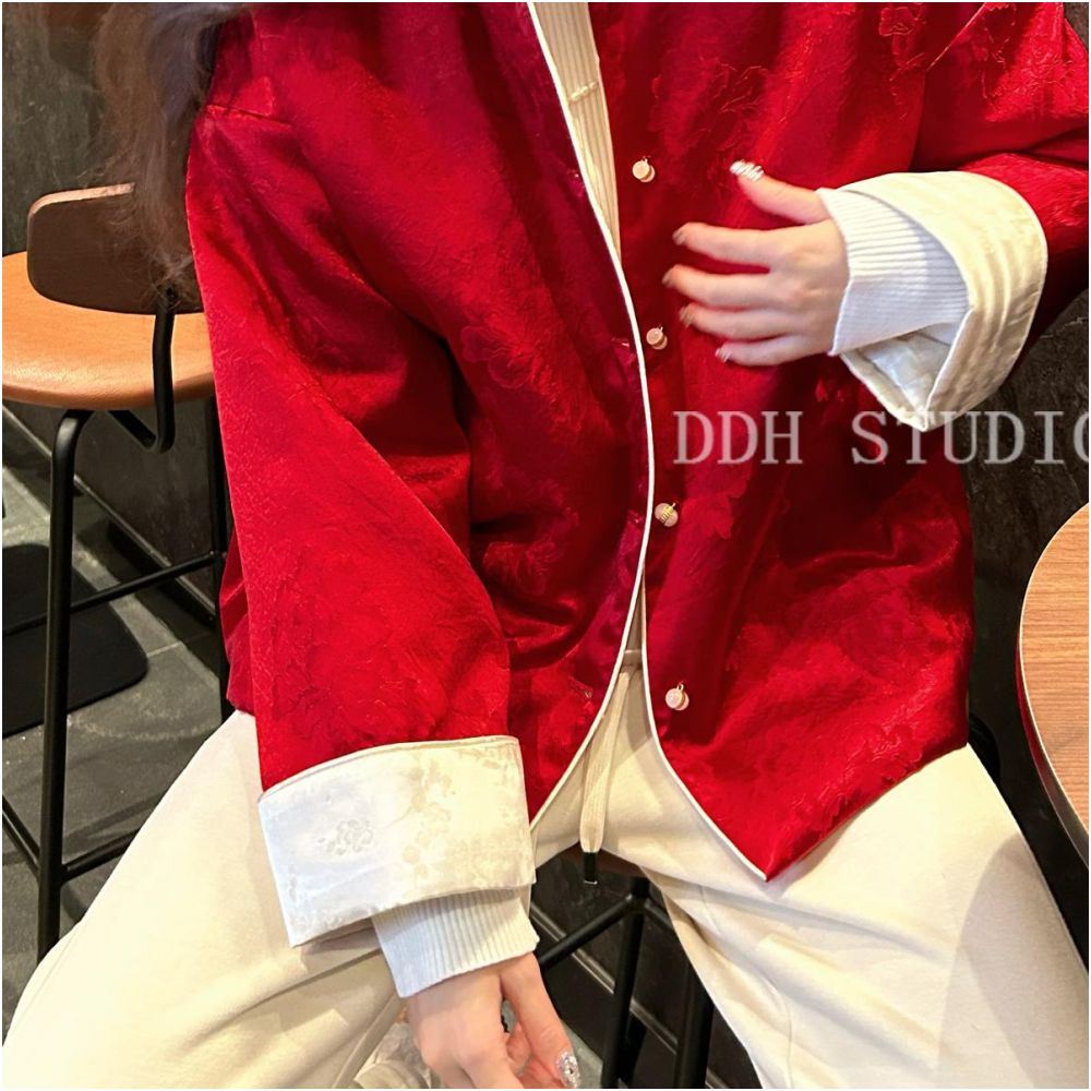 New Chinese style whitening acetic acid New Year red jacquard cotton coat light luxury retro winter cotton coat women s top image 0