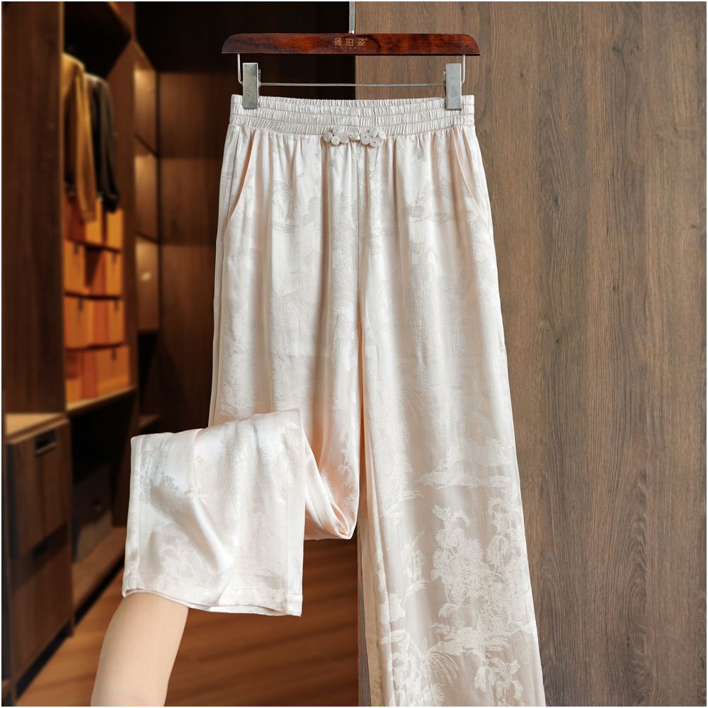 Retro jacquard new Chinese style loose straight leg pants with buckle women s new commuting style slim and floor hugging high waisted casual wide leg pants image 7