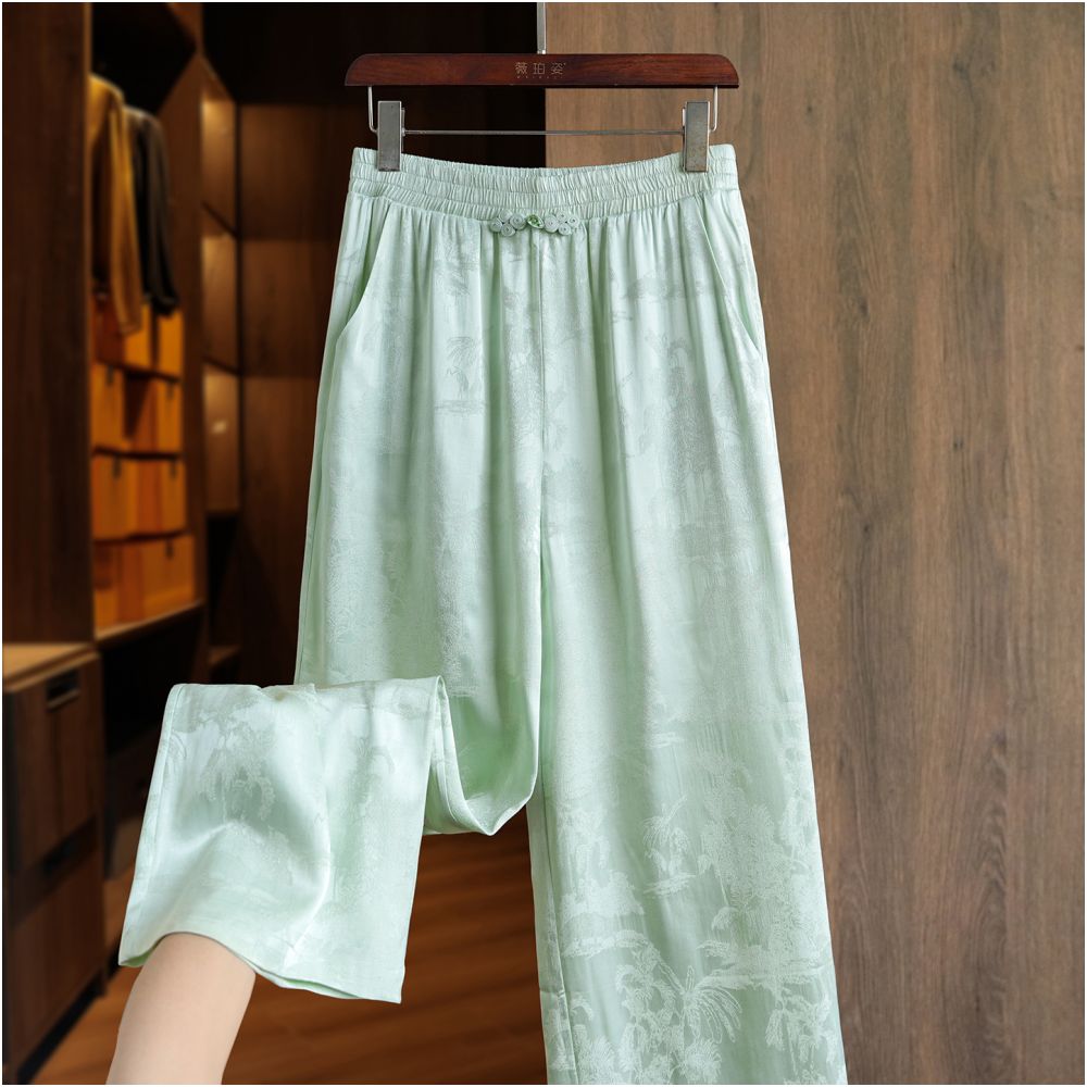Retro jacquard new Chinese style loose straight leg pants with buckle women s new commuting style slim and floor hugging high waisted casual wide leg pants image 10