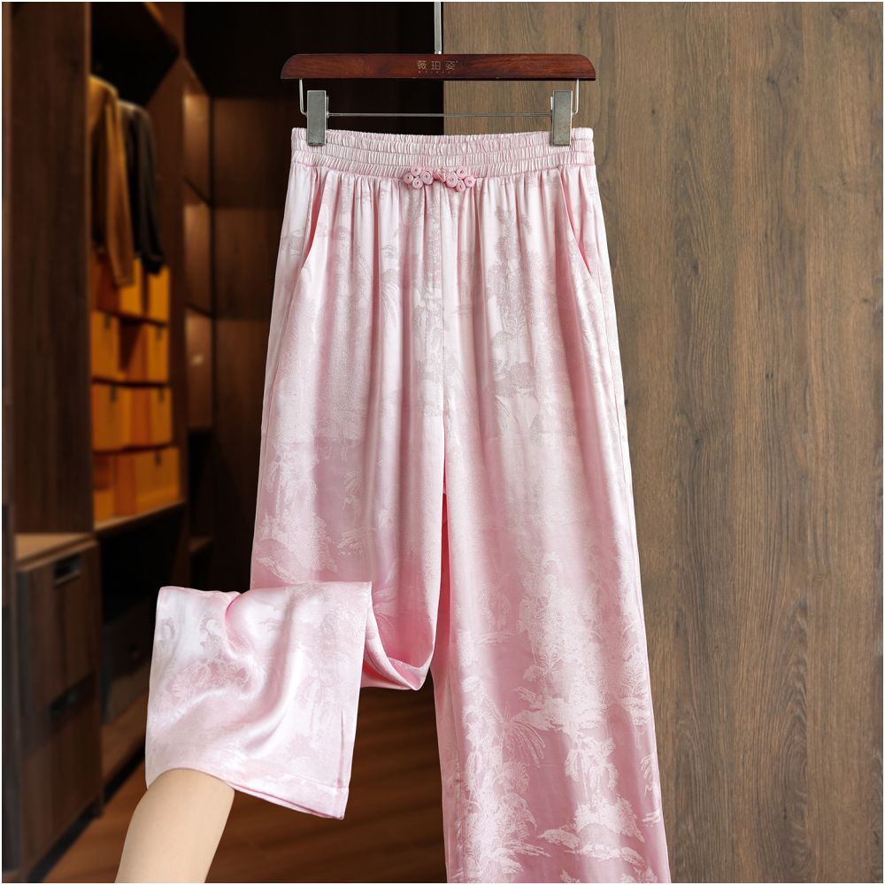 Retro jacquard new Chinese style loose straight leg pants with buckle women s new commuting style slim and floor hugging high waisted casual wide leg pants image 13