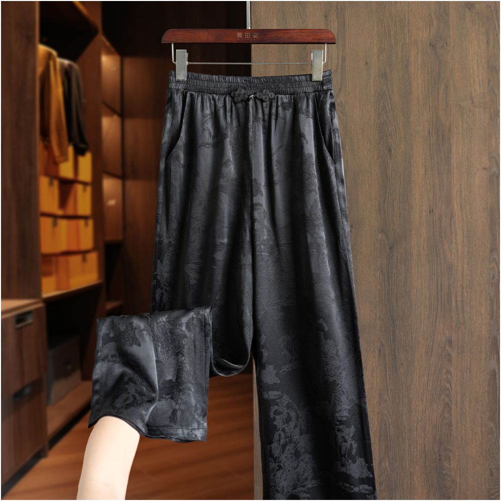 Retro jacquard new Chinese style loose straight leg pants with buckle women s new commuting style slim and floor hugging high waisted casual wide leg pants image 16