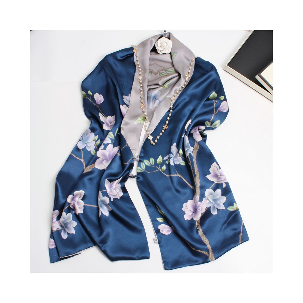 Magnolia pattern mulberry silk double layer scarf for women Summer long silk shawl Business all match Morandi color image 2