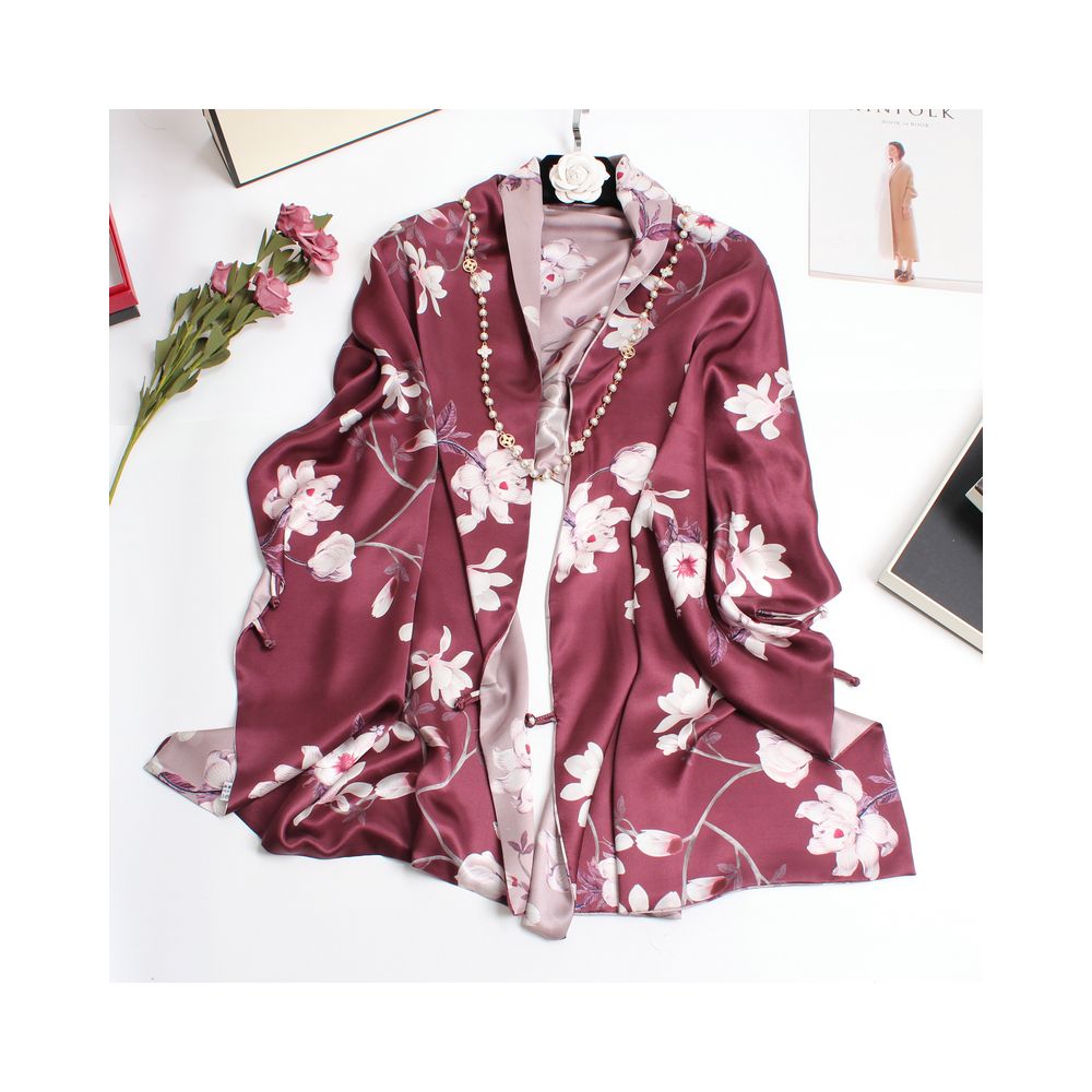 Magnolia pattern mulberry silk double layer scarf for women Summer long silk shawl Business all match Morandi color image 3