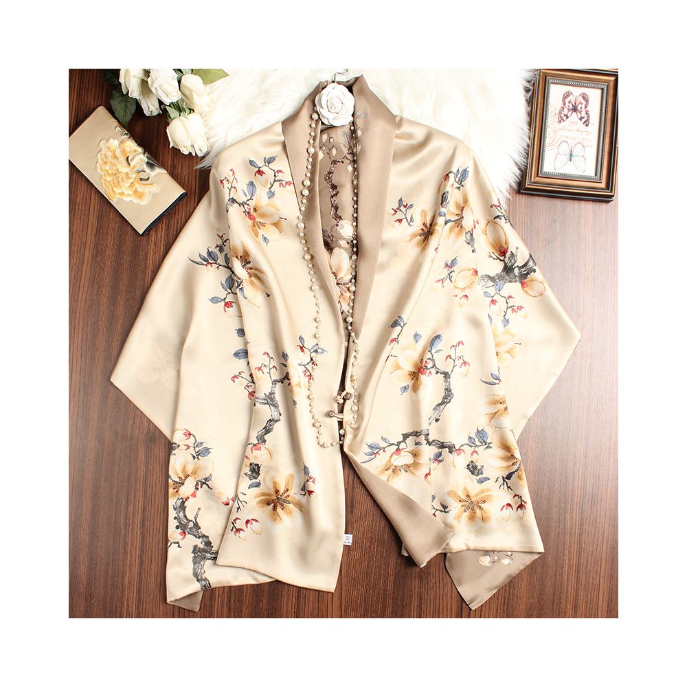 Magnolia pattern mulberry silk double layer scarf for women Summer long silk shawl Business all match Morandi color image 4