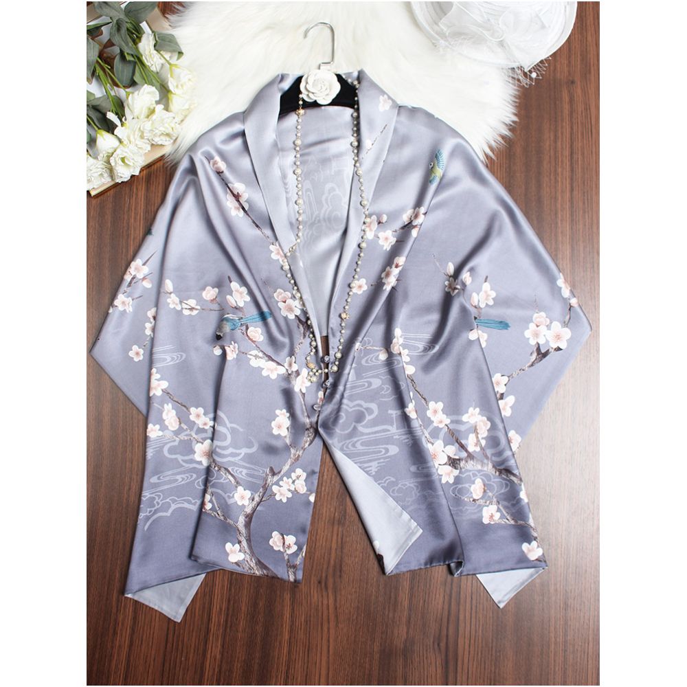 Magnolia pattern mulberry silk double layer scarf for women Summer long silk shawl Business all match Morandi color image 7