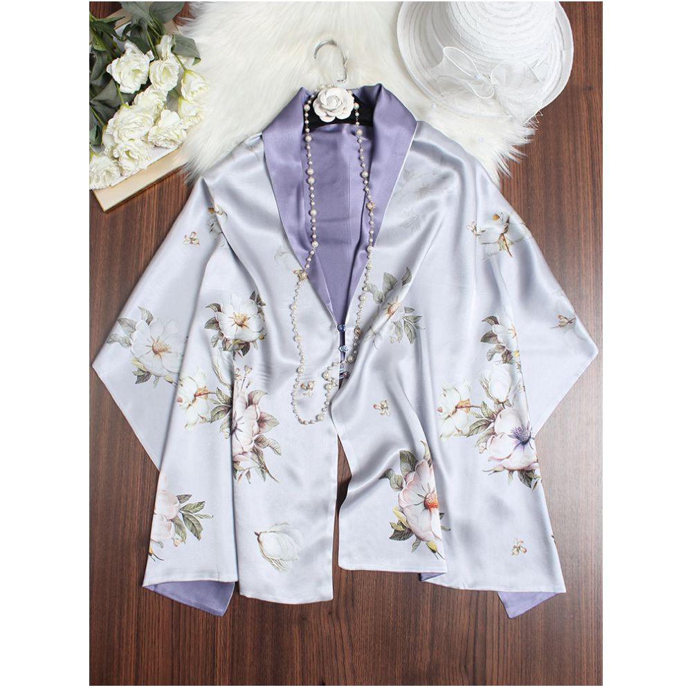 Magnolia pattern mulberry silk double layer scarf for women Summer long silk shawl Business all match Morandi color image 8