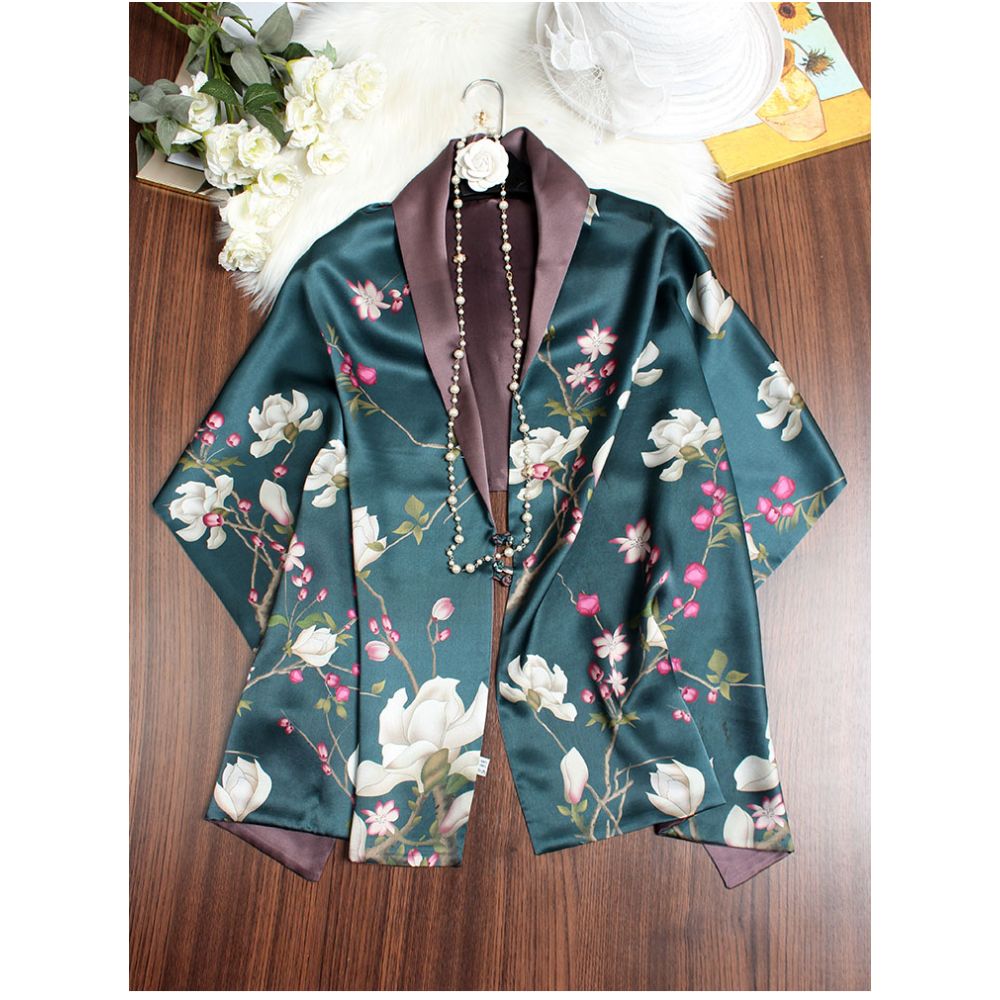 Magnolia pattern mulberry silk double layer scarf for women Summer long silk shawl Business all match Morandi color image 12