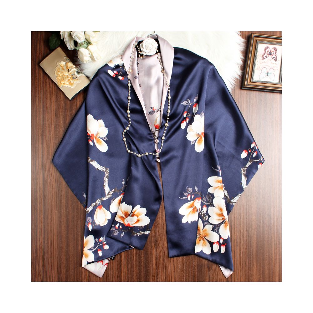 Magnolia pattern mulberry silk double layer scarf for women Summer long silk shawl Business all match Morandi color image 13