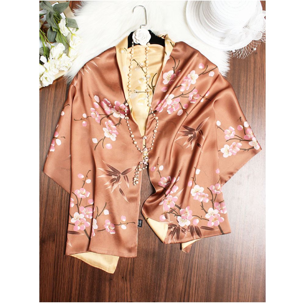 Magnolia pattern mulberry silk double layer scarf for women Summer long silk shawl Business all match Morandi color image 14