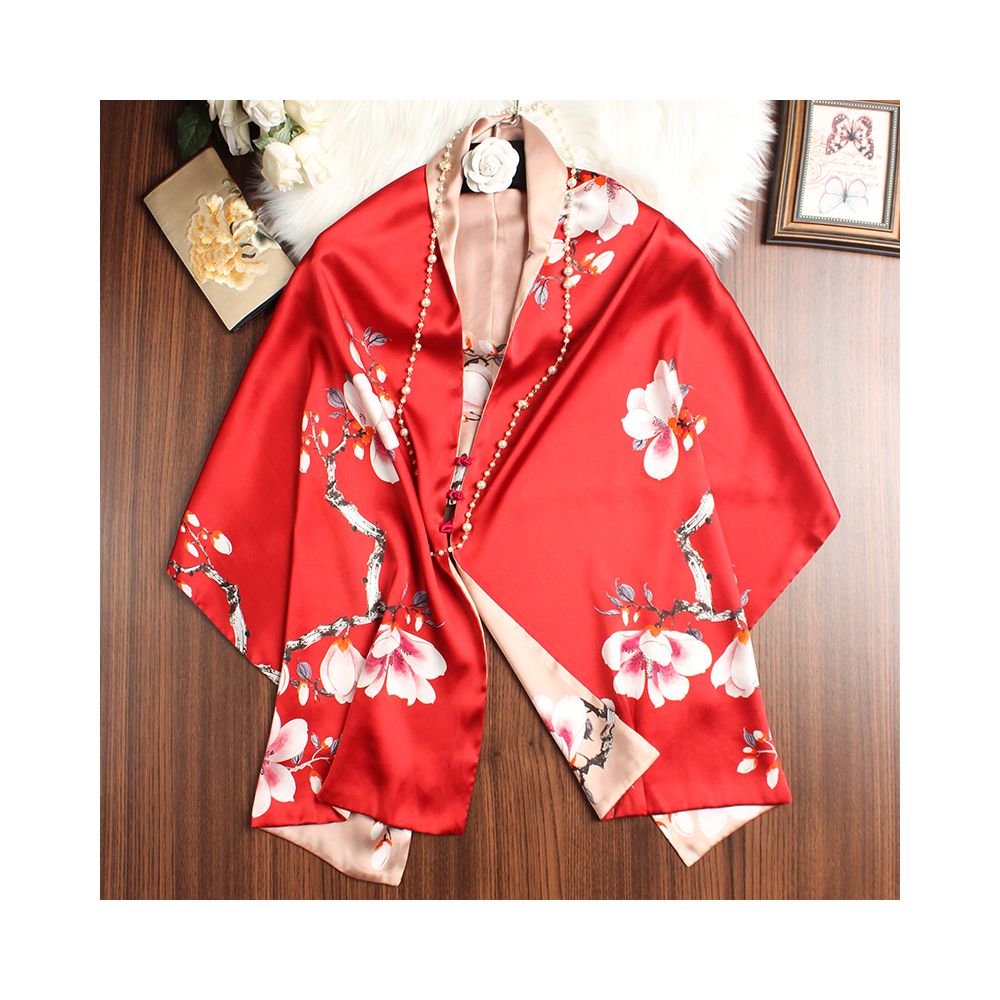 Magnolia pattern mulberry silk double layer scarf for women Summer long silk shawl Business all match Morandi color image 15