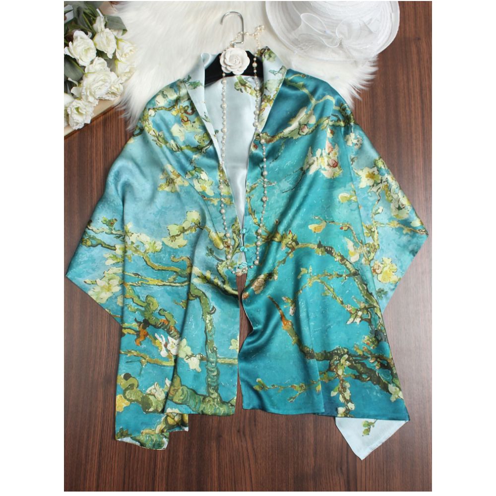 Magnolia pattern mulberry silk double layer scarf for women Summer long silk shawl Business all match Morandi color image 16