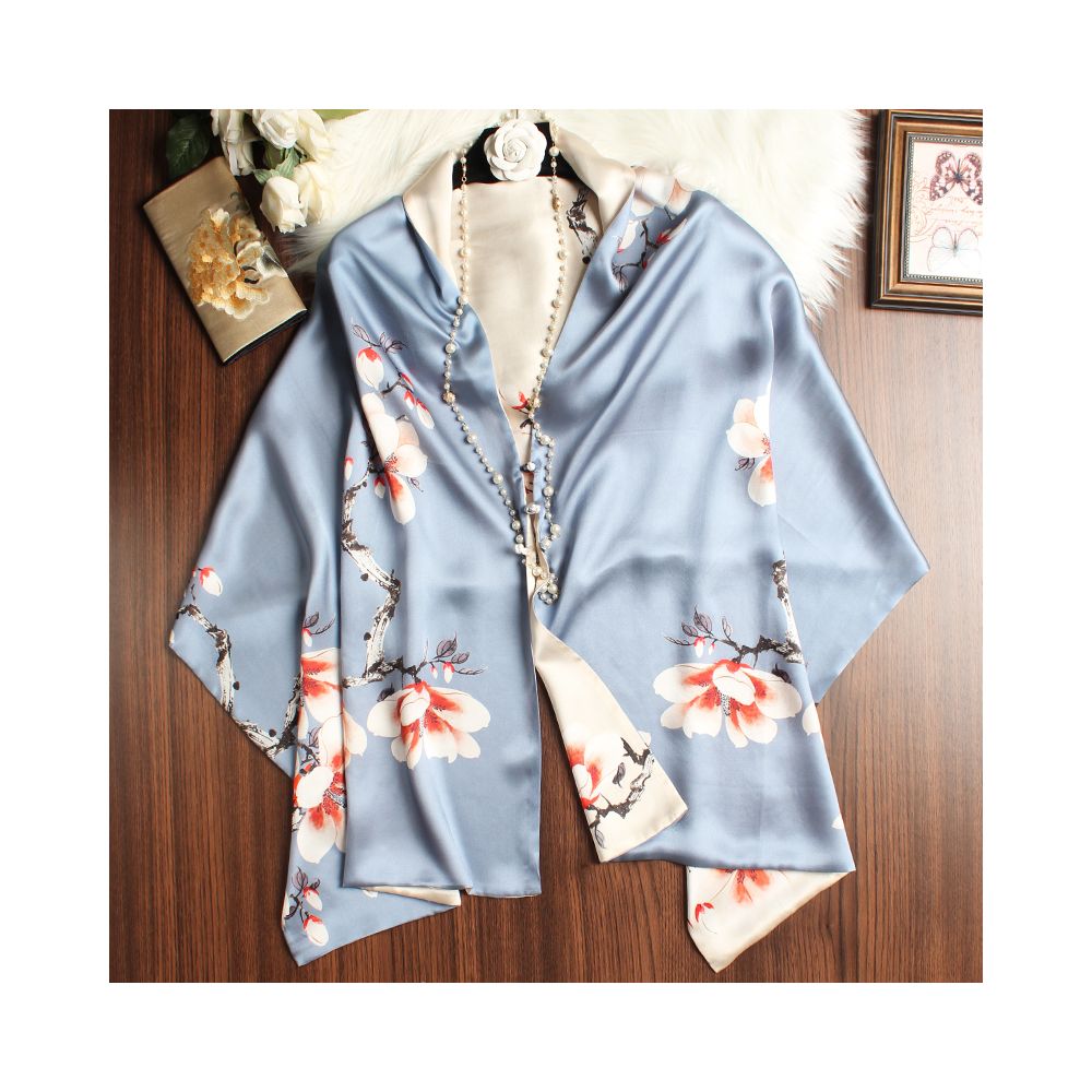 Magnolia pattern mulberry silk double layer scarf for women Summer long silk shawl Business all match Morandi color image 17
