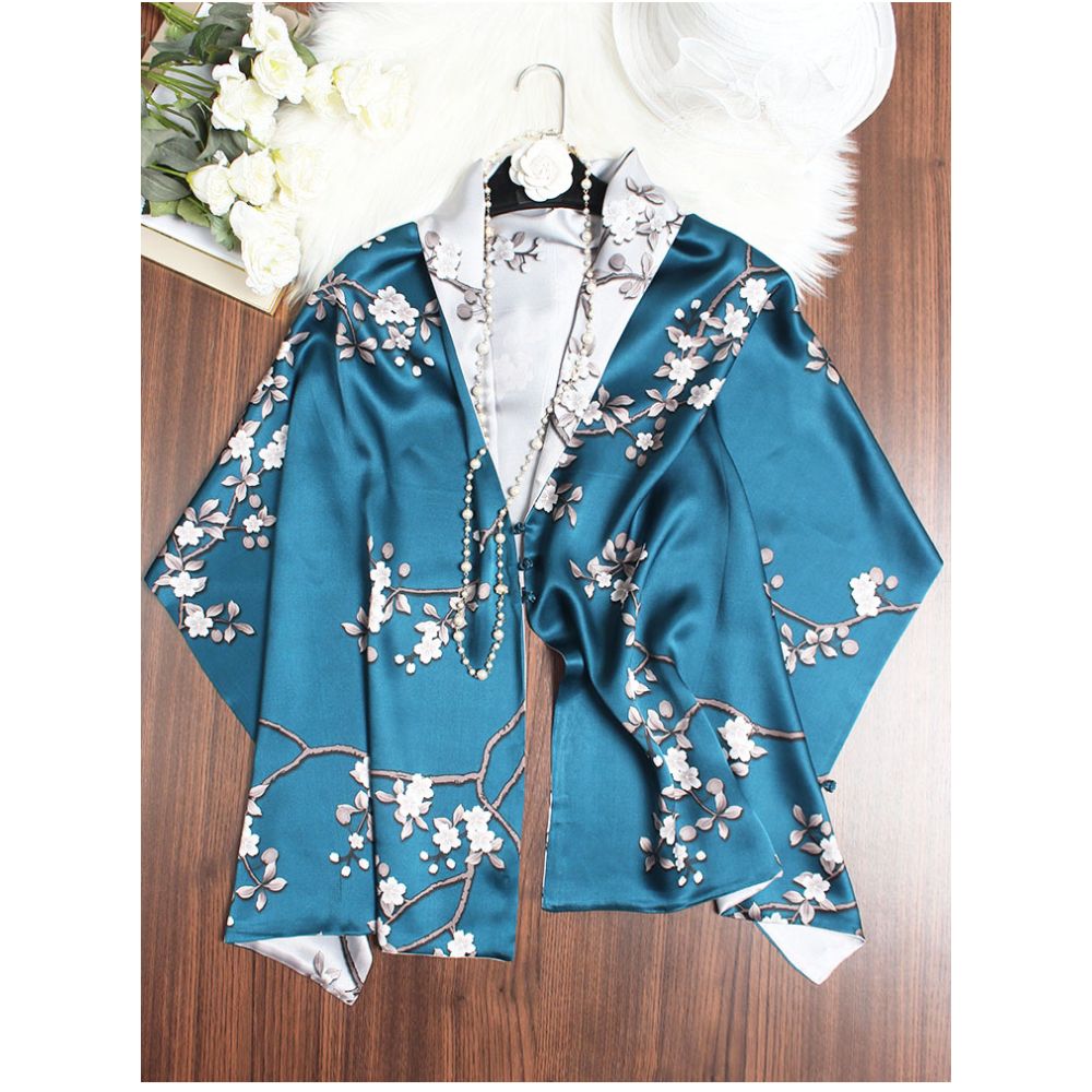 Magnolia pattern mulberry silk double layer scarf for women Summer long silk shawl Business all match Morandi color image 20