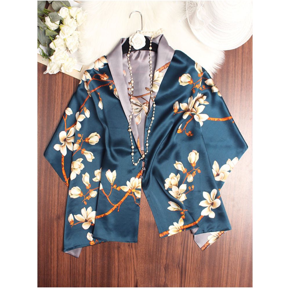 Magnolia pattern mulberry silk double layer scarf for women Summer long silk shawl Business all match Morandi color image 21