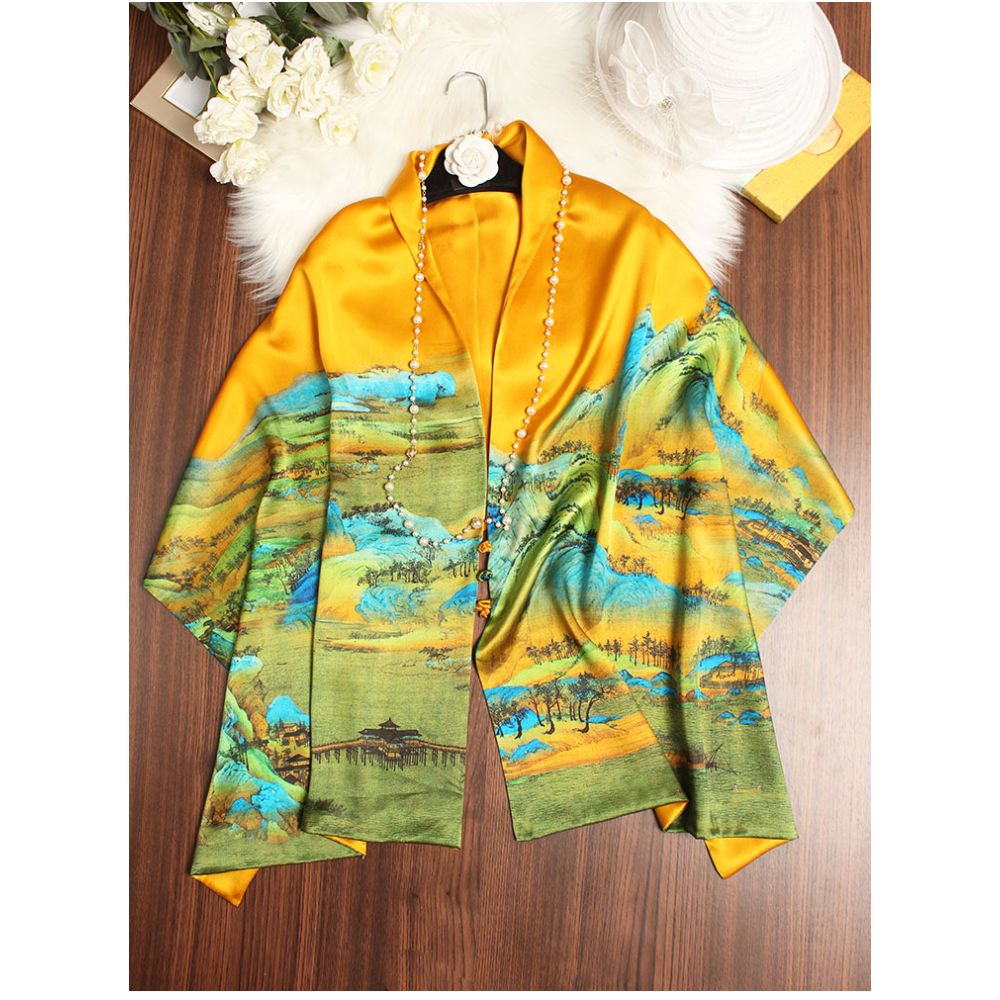 Magnolia pattern mulberry silk double layer scarf for women Summer long silk shawl Business all match Morandi color image 23