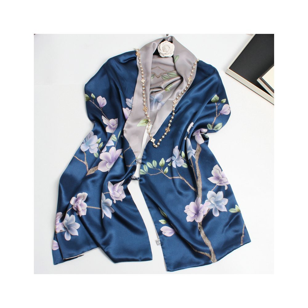 Magnolia pattern mulberry silk double layer scarf for women Summer long silk shawl Business all match Morandi color image 24