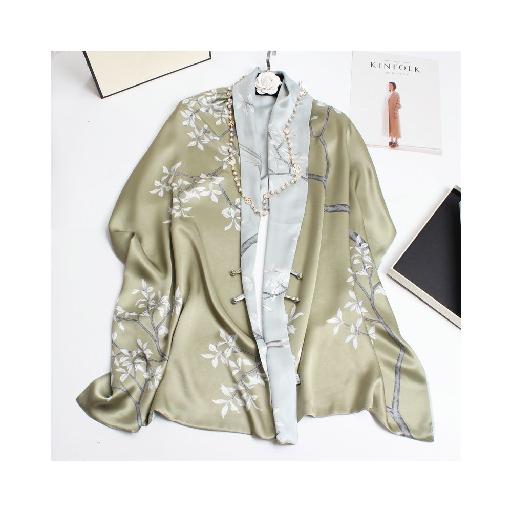 Magnolia pattern mulberry silk double layer scarf for women Summer long silk shawl Business all match Morandi color image 25