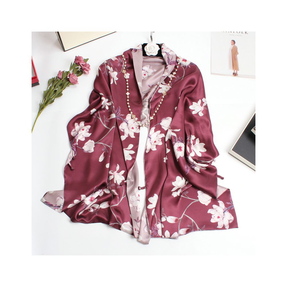 Magnolia pattern mulberry silk double layer scarf for women Summer long silk shawl Business all match Morandi color image 26