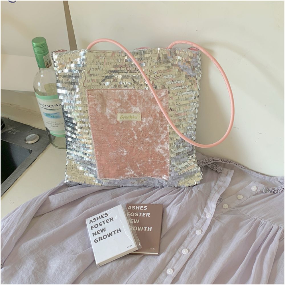 New trendy sparkling pink silver sequin niche large capacity commuting single shoulder canvas bag handbag image 2