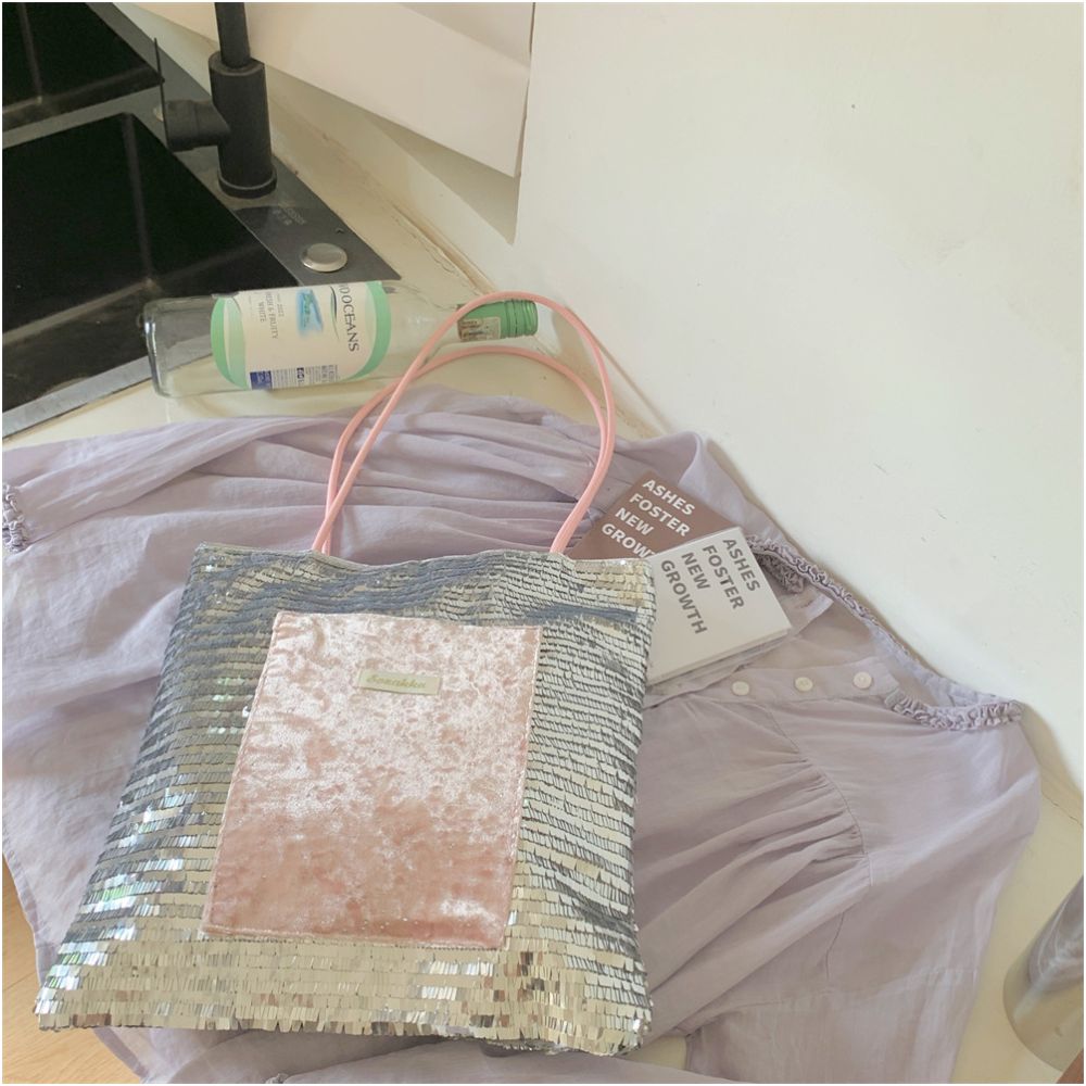 New trendy sparkling pink silver sequin niche large capacity commuting single shoulder canvas bag handbag image 3