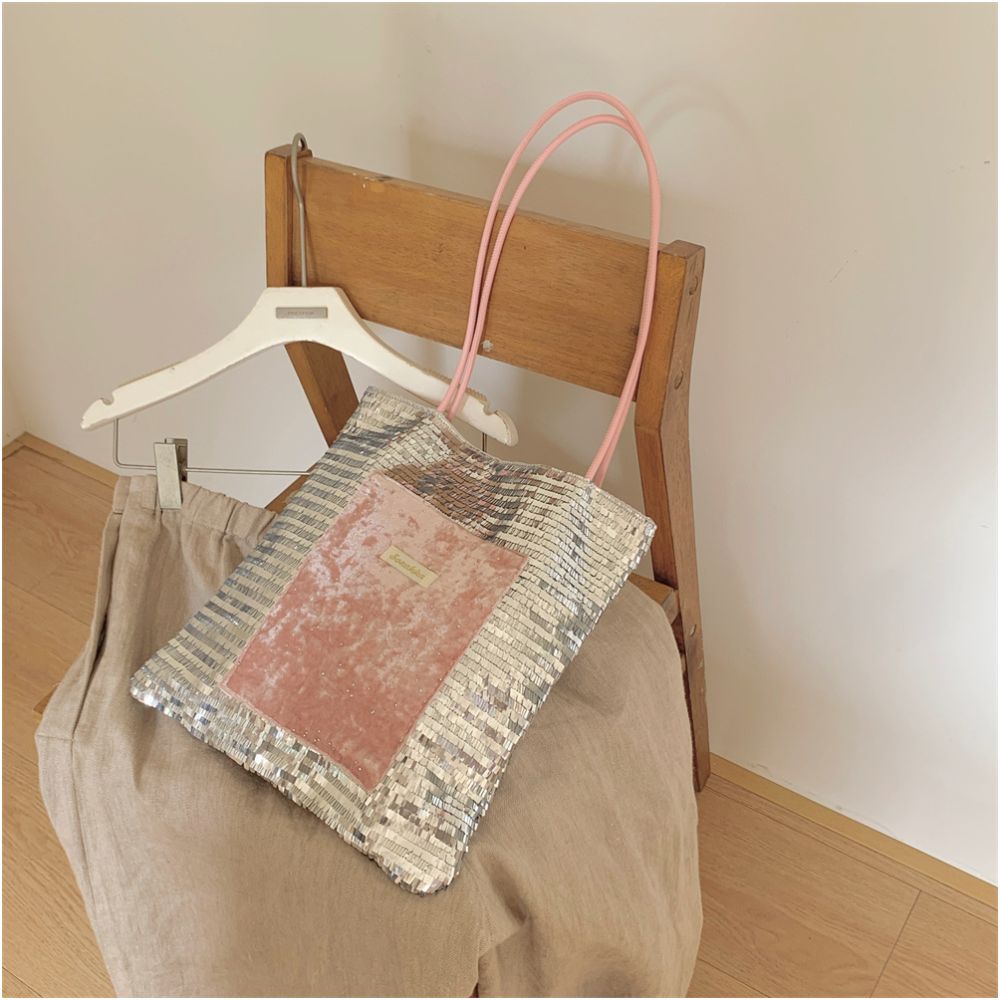 New trendy sparkling pink silver sequin niche large capacity commuting single shoulder canvas bag handbag image 4