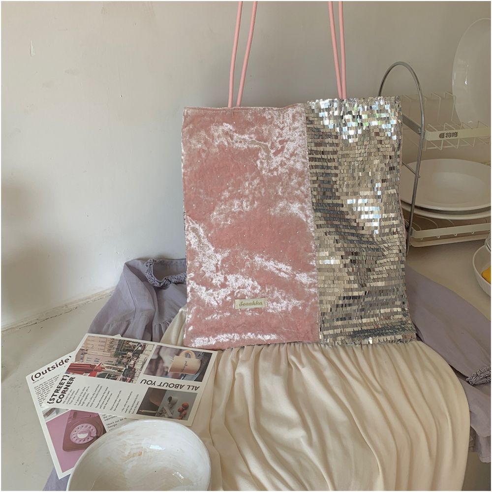 New trendy sparkling pink silver sequin niche large capacity commuting single shoulder canvas bag handbag image 5