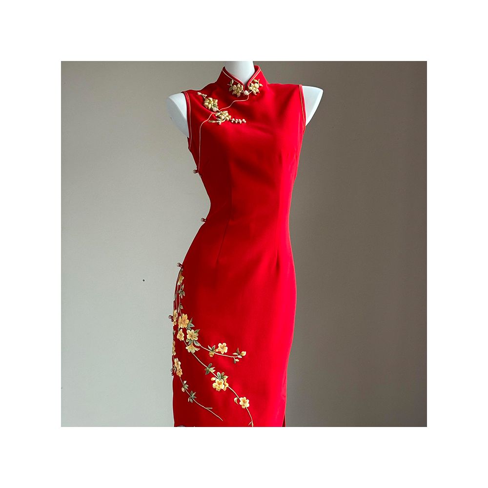 New Chinese style improved cheongsam toast dress engagement dress skirt light luxury niche high end temperament red embroidered dress image 2