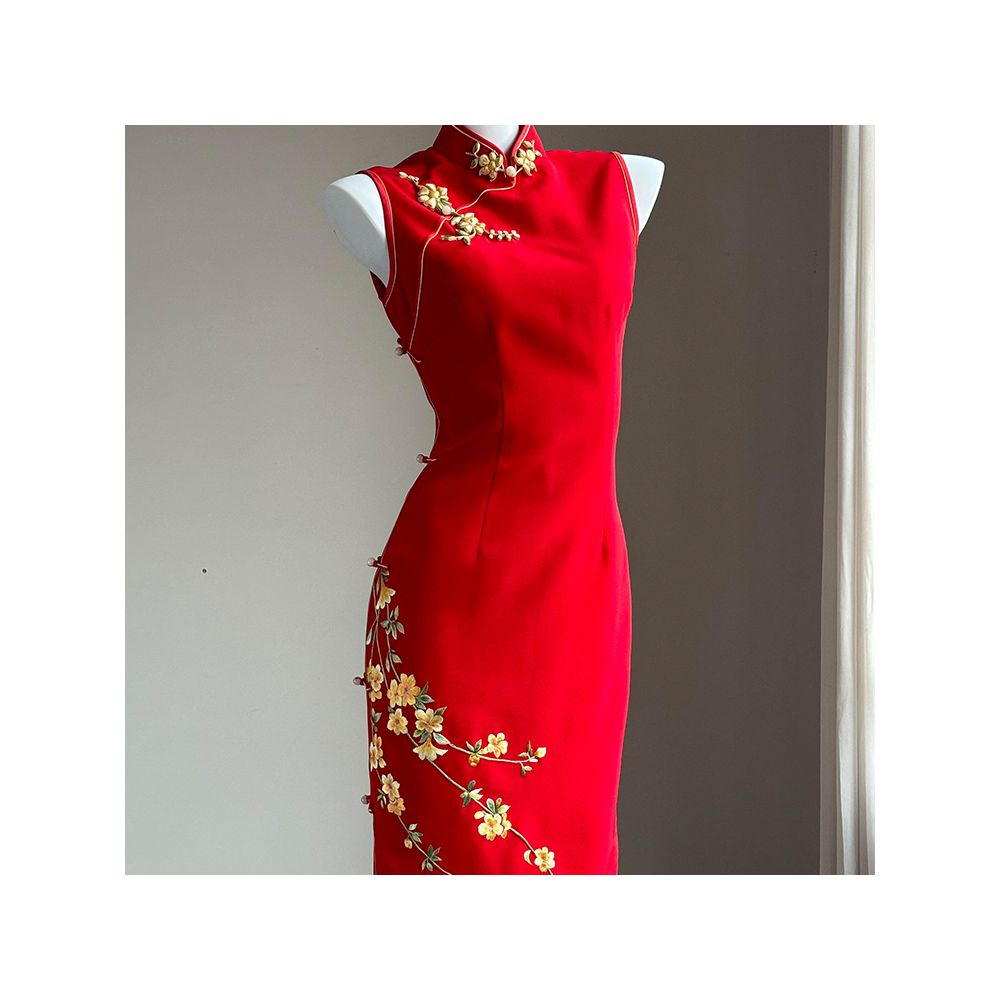 New Chinese style improved cheongsam toast dress engagement dress skirt light luxury niche high end temperament red embroidered dress image 0